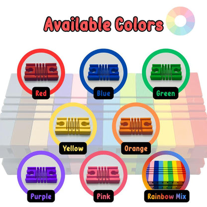 Colorful clips with labels indicating available colors on a white background