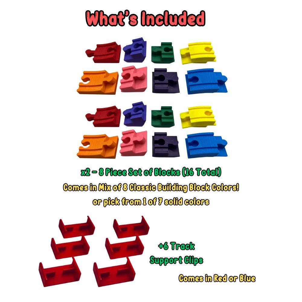 Colorful building block pieces with text indicating what's included on a white background