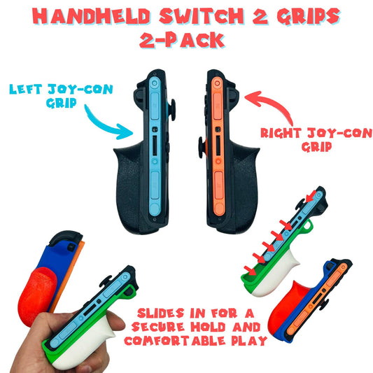 Handheld Switch 2 grips 2-pack with labeled parts and a hand holding one grip.