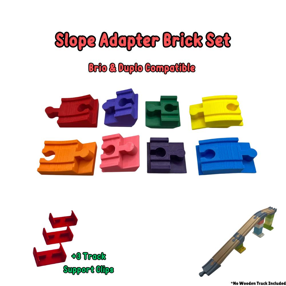 Incline and decline pieces in several colors that connect wooden track to building bricks