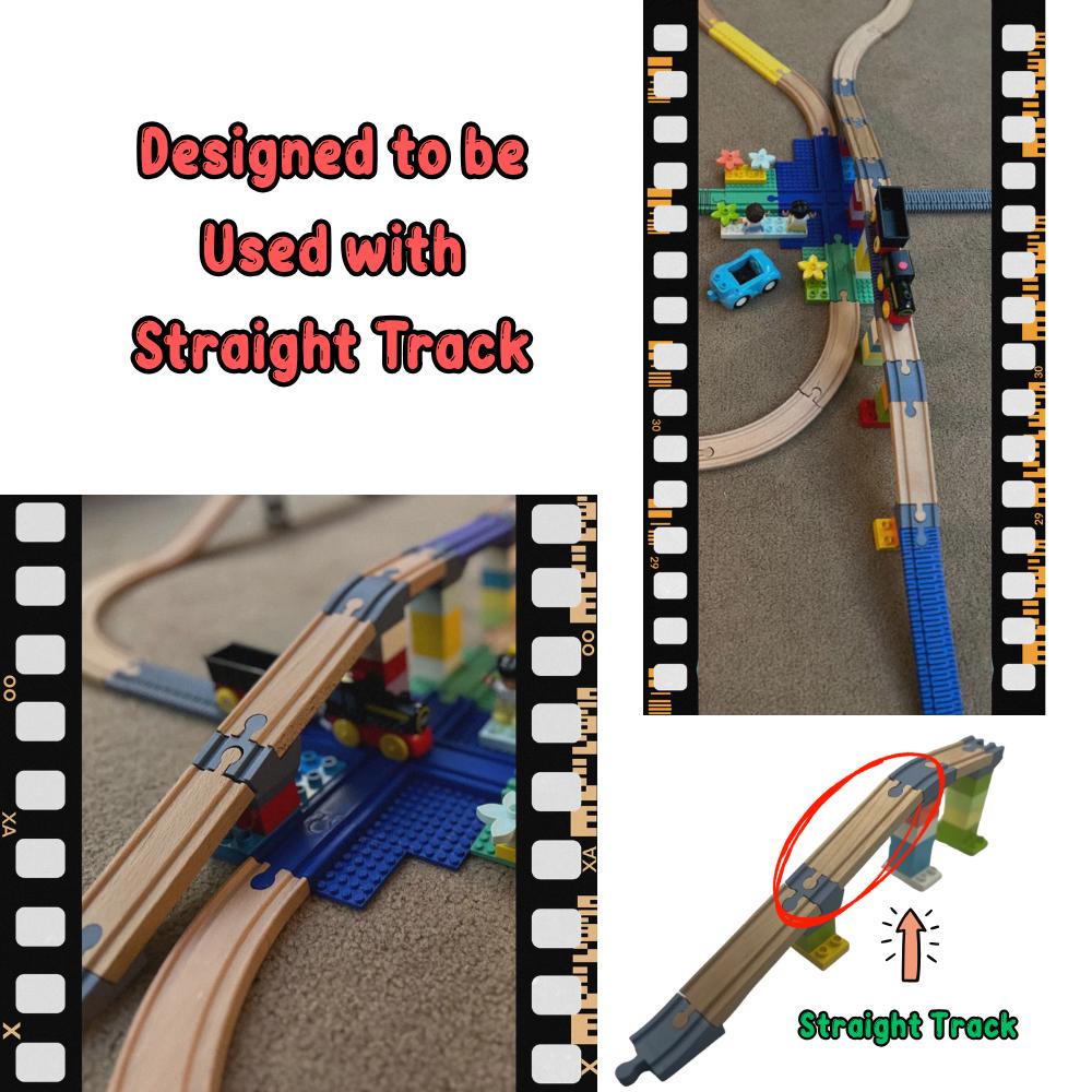 Toy train track set with text indicating compatibility with straight track