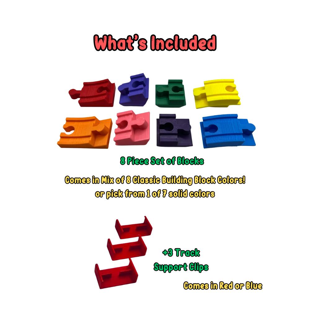 Colorful building block clips with text detailing what's included on a white background