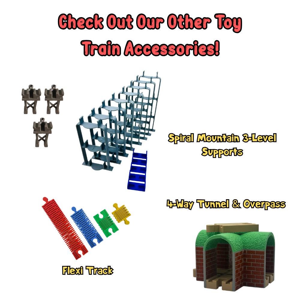 Train accessories you can add to a kit: spiral supports, flexible track, bridge supports and the 4-way bridge tunnel