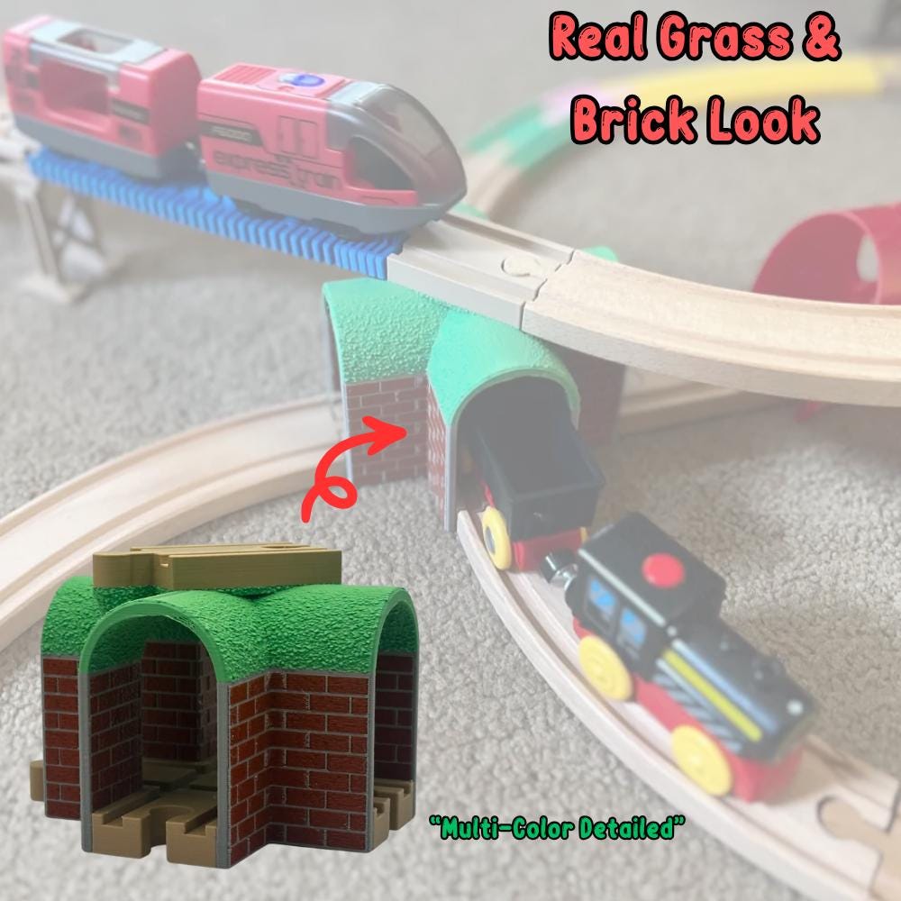 4-way bridge tunnel with a grass and brick look on a wooden train layout