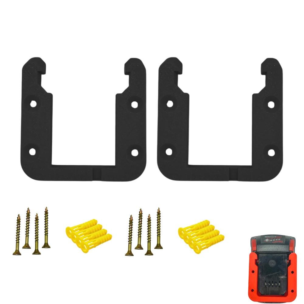 Black two-pack of M18 battery wall mounts laid out with the included hardware