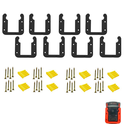 Black eight-pack of M18 battery wall mounts with the included screws and anchors