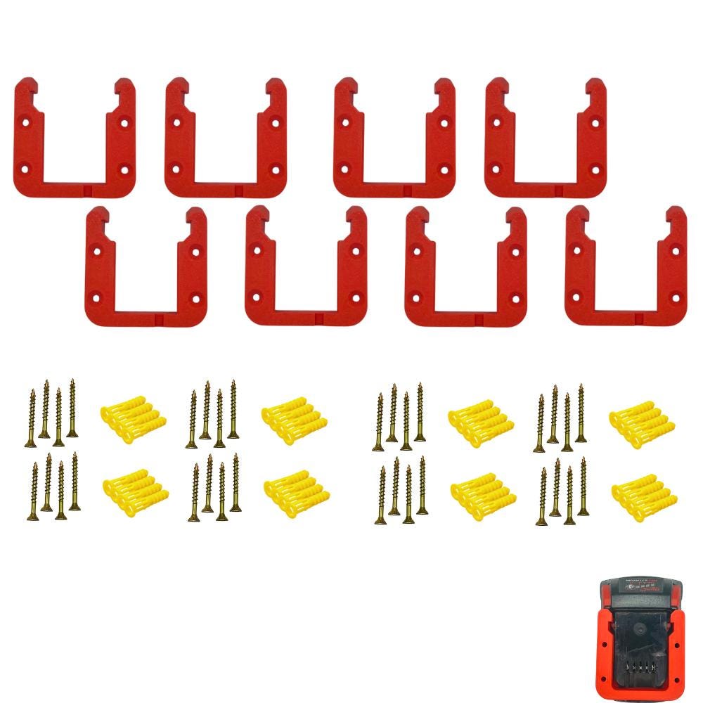 Red eight-pack of M18 battery wall mounts with the included screws and anchors