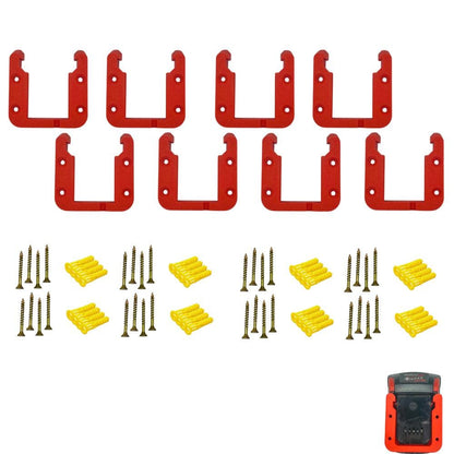 Red eight-pack of M18 battery wall mounts with the included screws and anchors