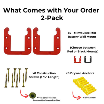 What comes in the 2-pack: two mounts in red or black, eight construction screws and eight drywall anchors