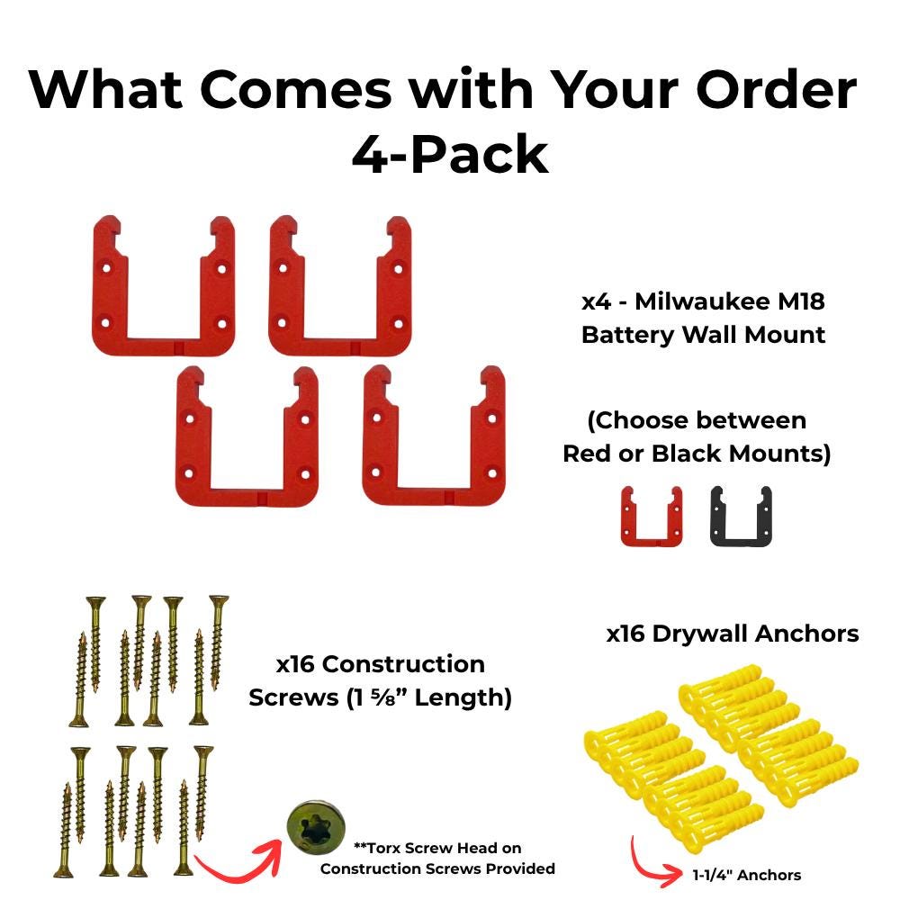 What comes in the 4-pack: four mounts in red or black, sixteen construction screws and sixteen drywall anchors