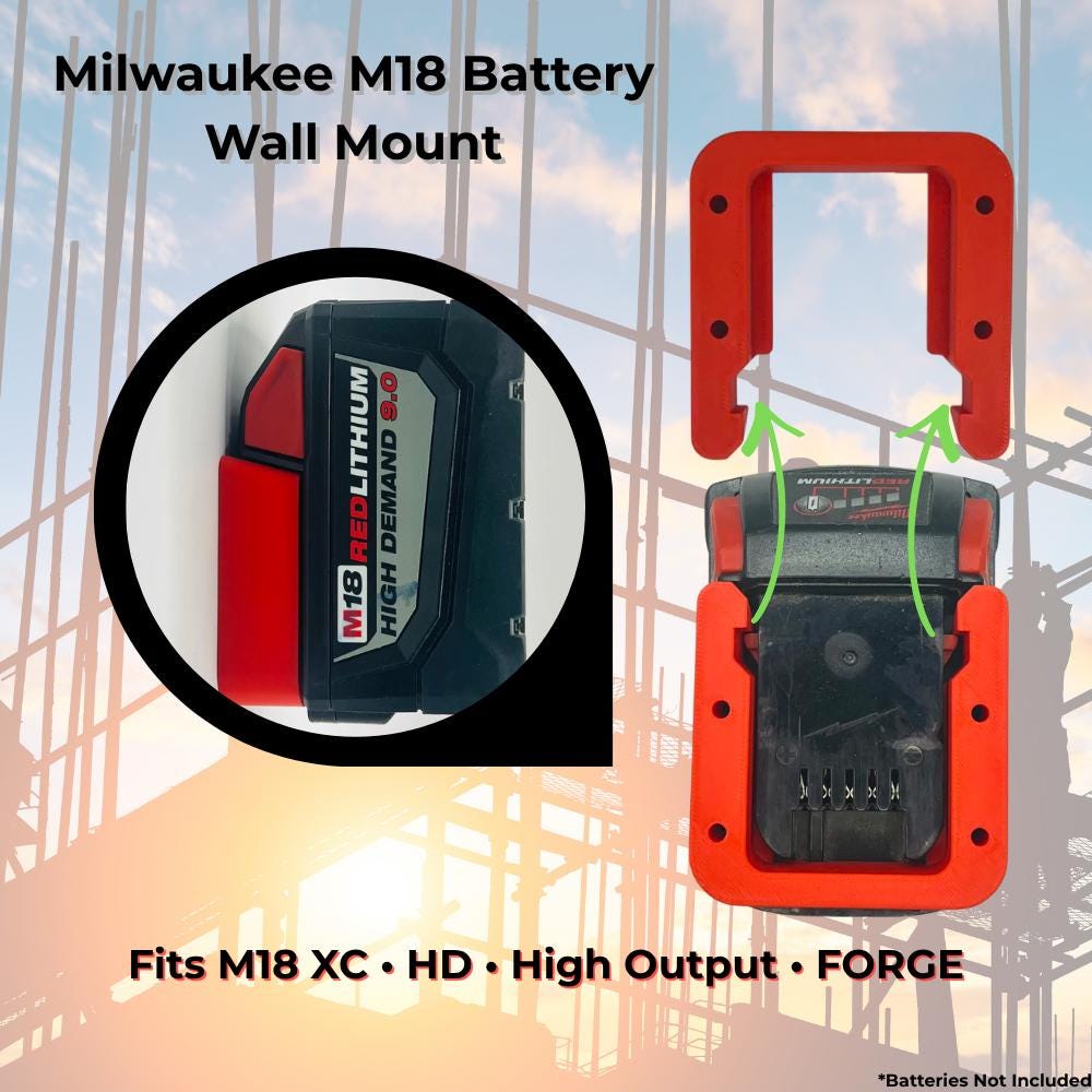 A Milwaukee® M18 REDLITHIUM battery sliding into the red wall mount; fits XC, HD, High Output and FORGE packs