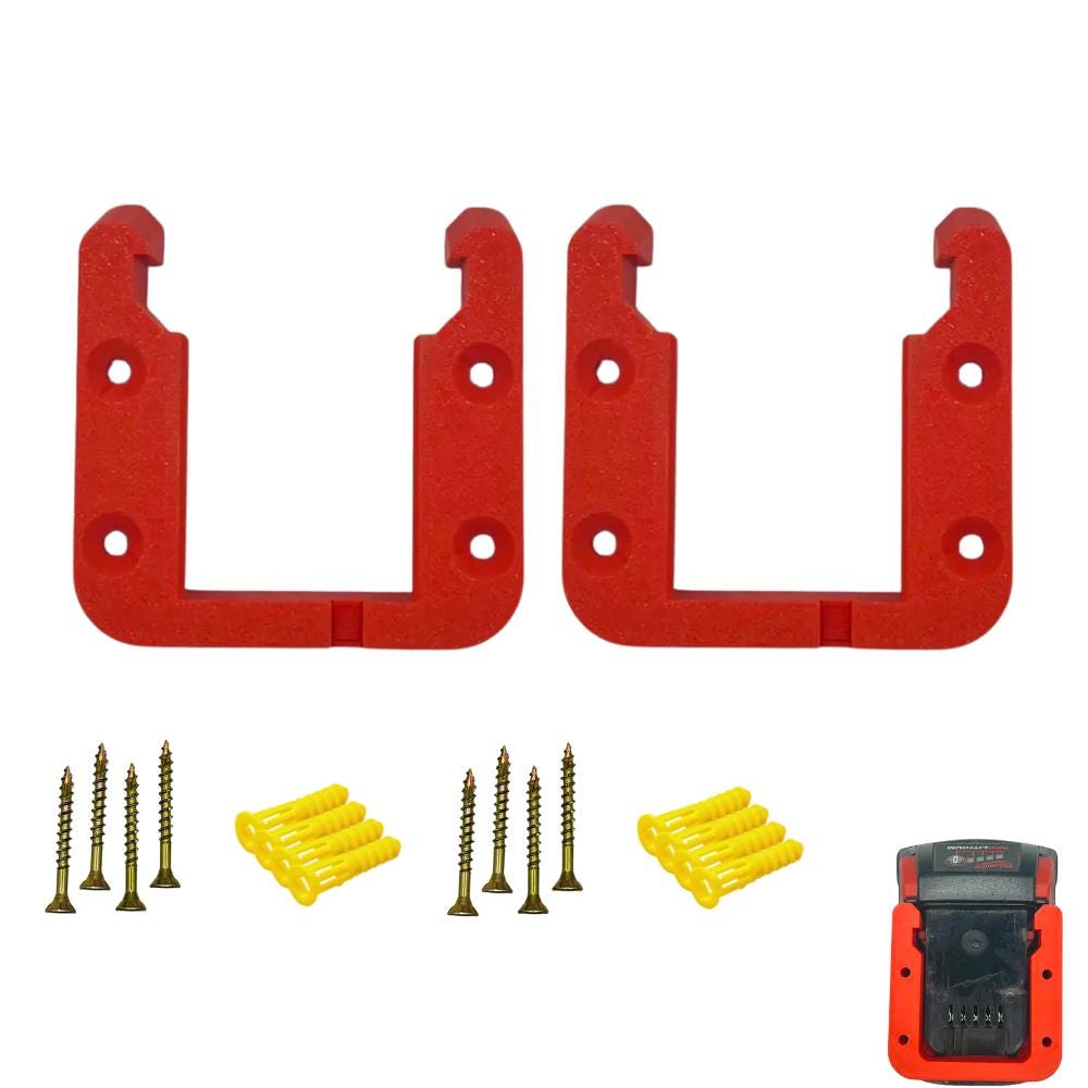 Two red Milwaukee® M18 battery wall mounts with the screws and drywall anchors included, beside an M18 REDLITHIUM battery