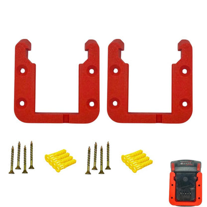 Two red Milwaukee® M18 battery wall mounts with the screws and drywall anchors included, beside an M18 REDLITHIUM battery