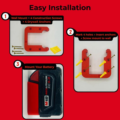 Three installation steps: mount with four screws and anchors, mark and drill four holes, then mount the battery