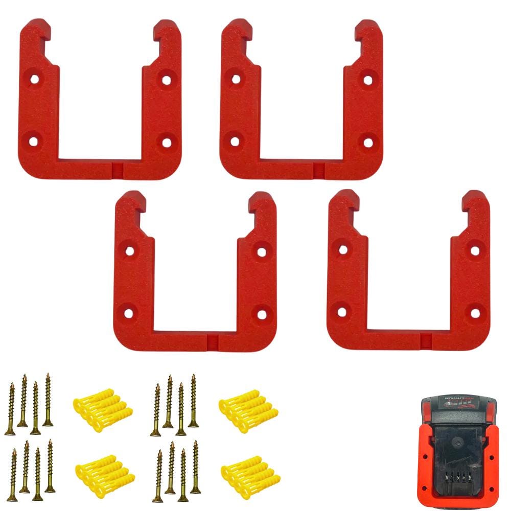 Red four-pack of M18 battery wall mounts with the included screws and anchors