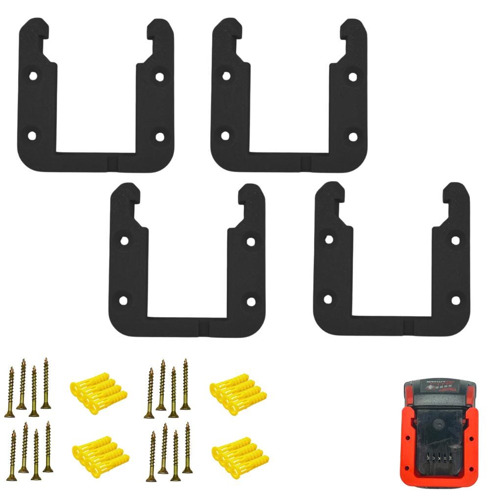 Black four-pack of M18 battery wall mounts with the included screws and anchors