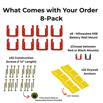 What comes in the 8-pack: eight mounts in red or black, thirty-two construction screws and thirty-two drywall anchors