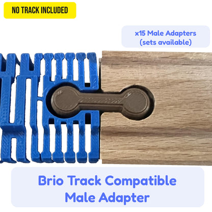 Male adapter joining blue track to a wooden track, on a white background